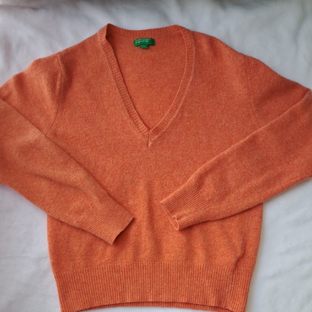 Vintage, Good Condition United Colors Of Benetton Orange V-Neck Sweater